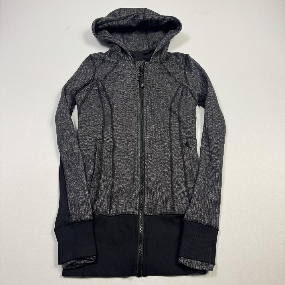 Lululemon‎ Hoodie Womens 2 Gray Herringbone Full Zip Hooded Pockets Slim Logo